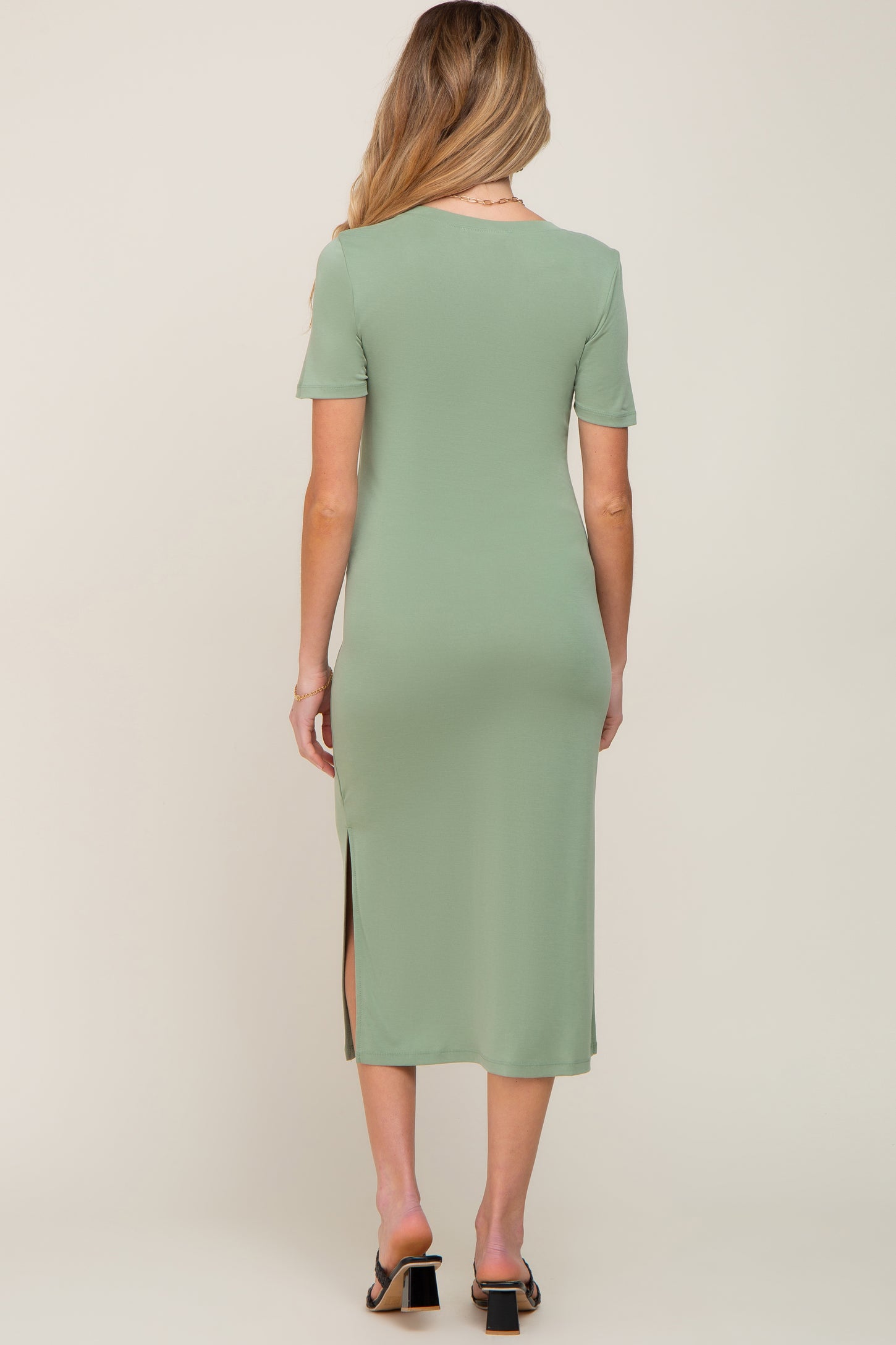 Sage V-Neck Short Sleeve Side Slit Maternity Midi Dress PinkBlush Sage V-Neck Short Sleeve Side Slit Maternity Midi Dress PinkBlush