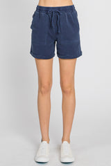 Navy Washed Cuffed Pocketed Shorts