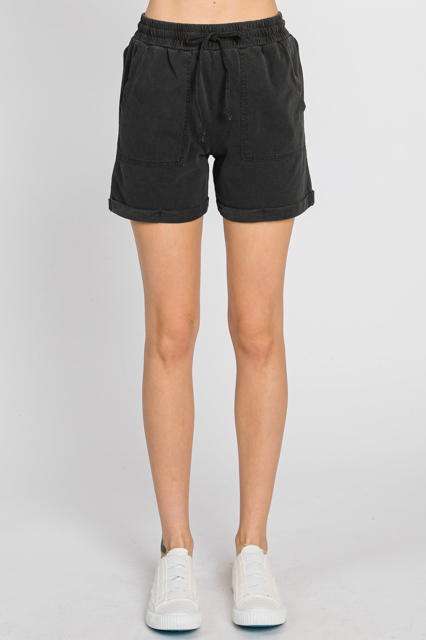 Black Washed Cuffed Pocketed Shorts