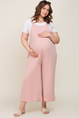 Light Pink Ribbed Maternity Plus Wide Leg Jumpsuit
