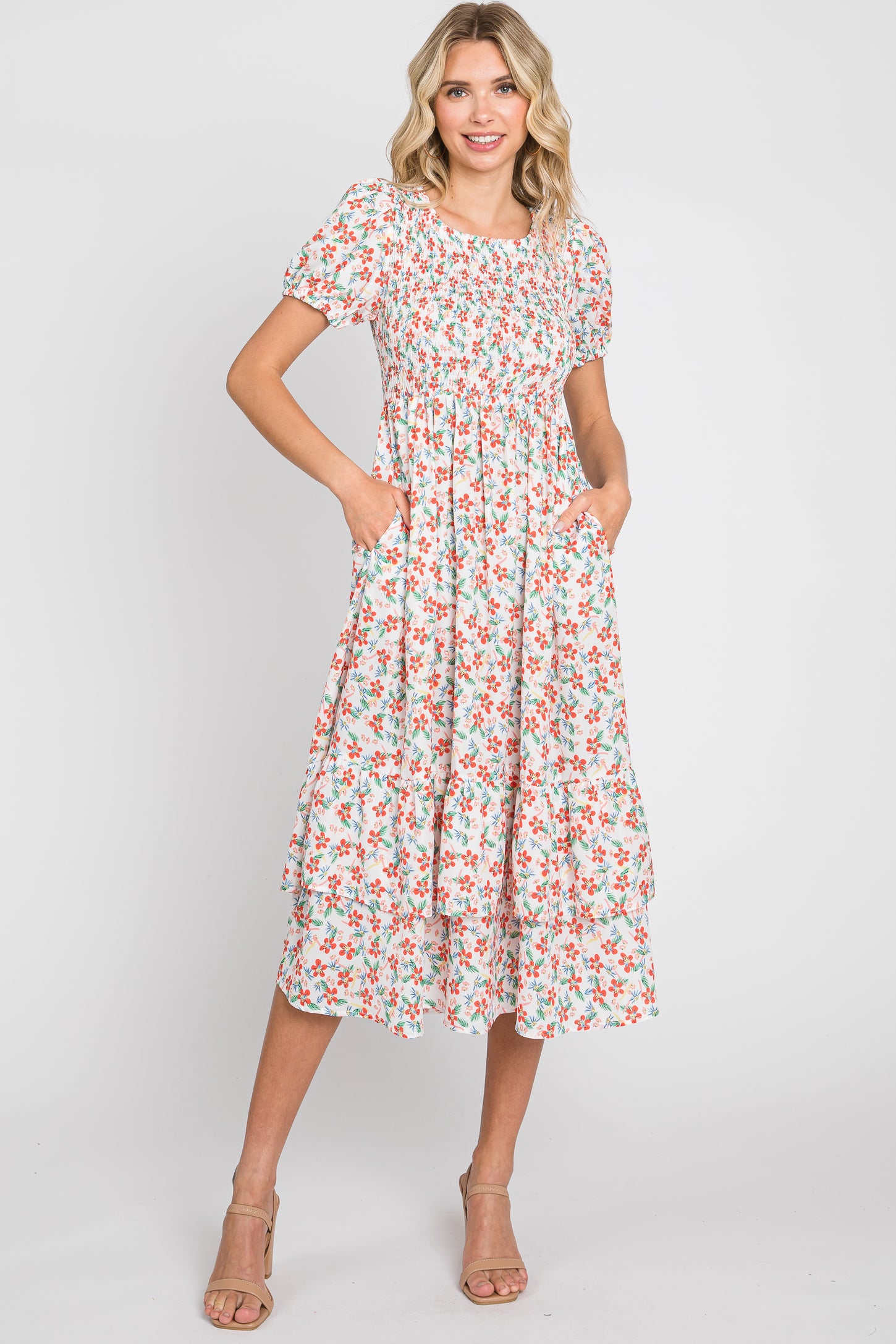 White Floral Smocked Layered Maternity Midi Dress