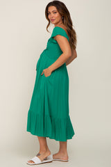 Green Smocked Ruched Ruffle Hem Maternity Maxi Dress