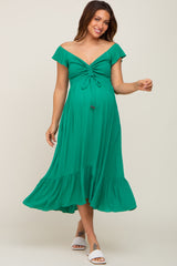 Green Smocked Ruched Ruffle Hem Maternity Maxi Dress