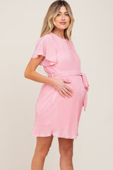 Pink Pleated Front Tie Maternity Dress