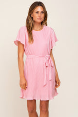 Pink Pleated Front Tie Maternity Dress