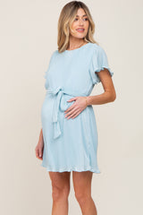 Light Blue Pleated Front Tie Maternity Dress