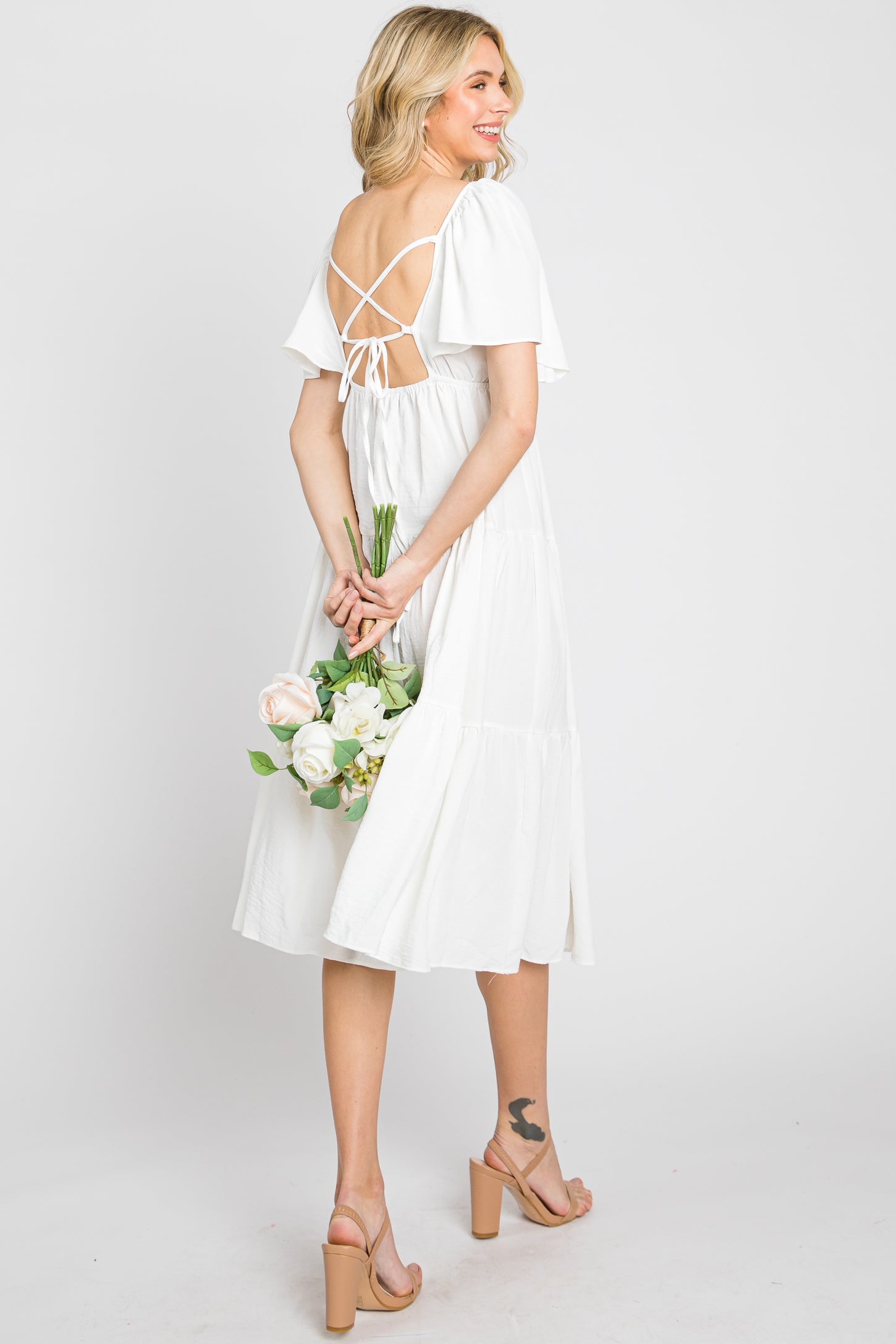 criss cross back midi dress White Tiered Criss Cross Back Midi Dress Medium