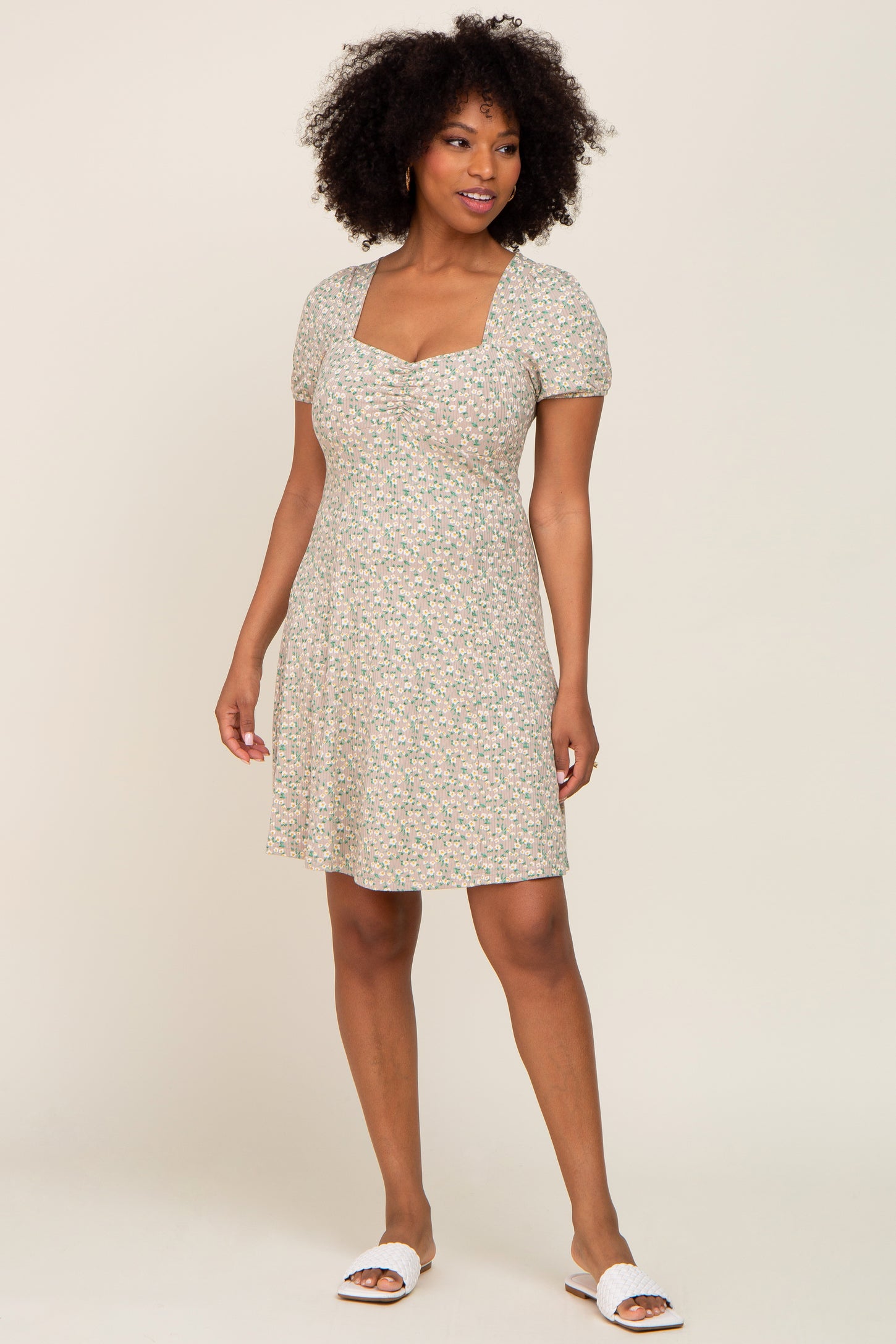 Beige Floral Criss Cross Back A-Line Dress PinkBlush Beige Floral Criss Cross Back A-Line Dress PinkBlush