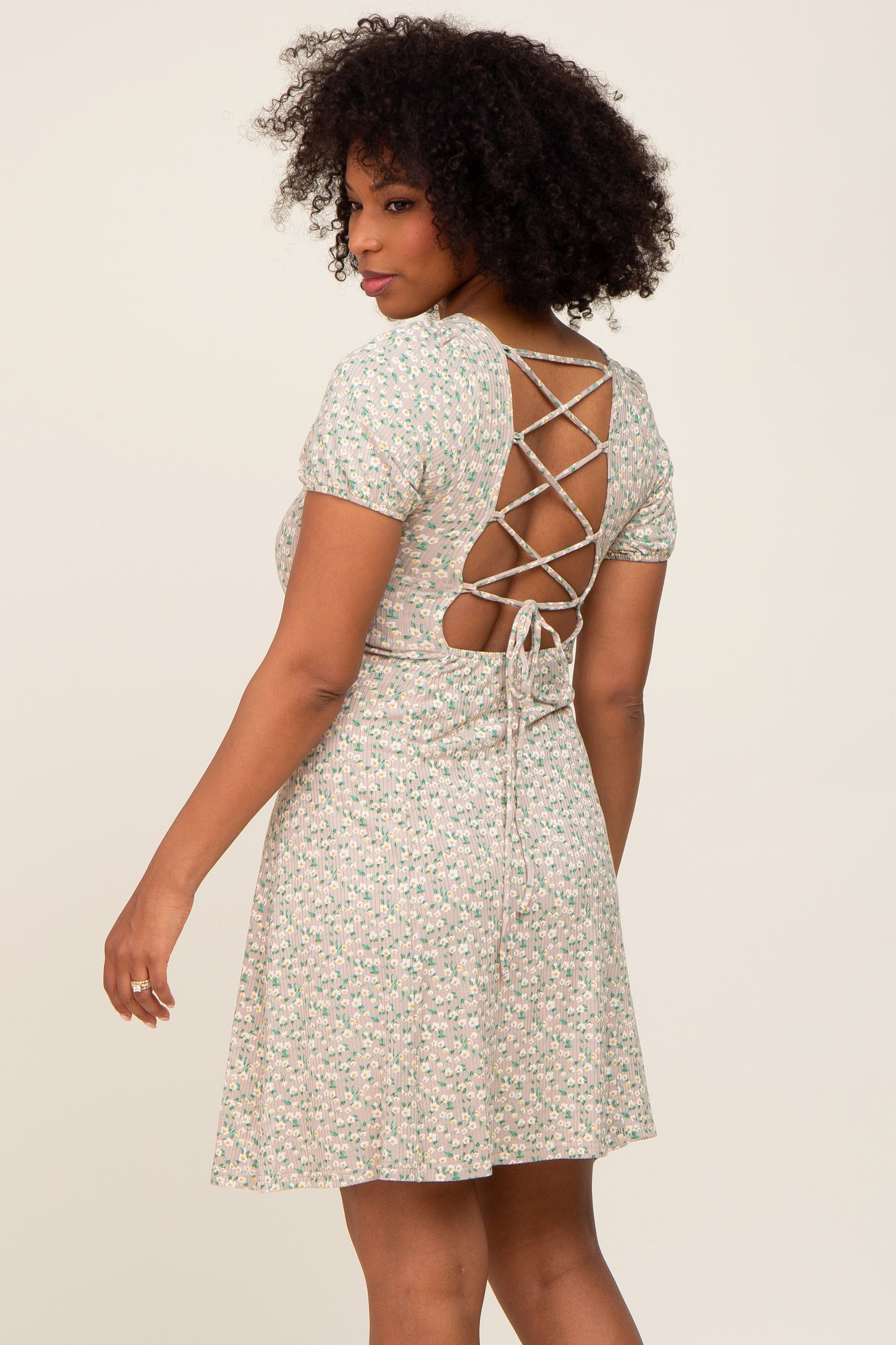 Beige Floral Criss Cross Back A-Line Dress PinkBlush Beige Floral Criss Cross Back A-Line Dress PinkBlush