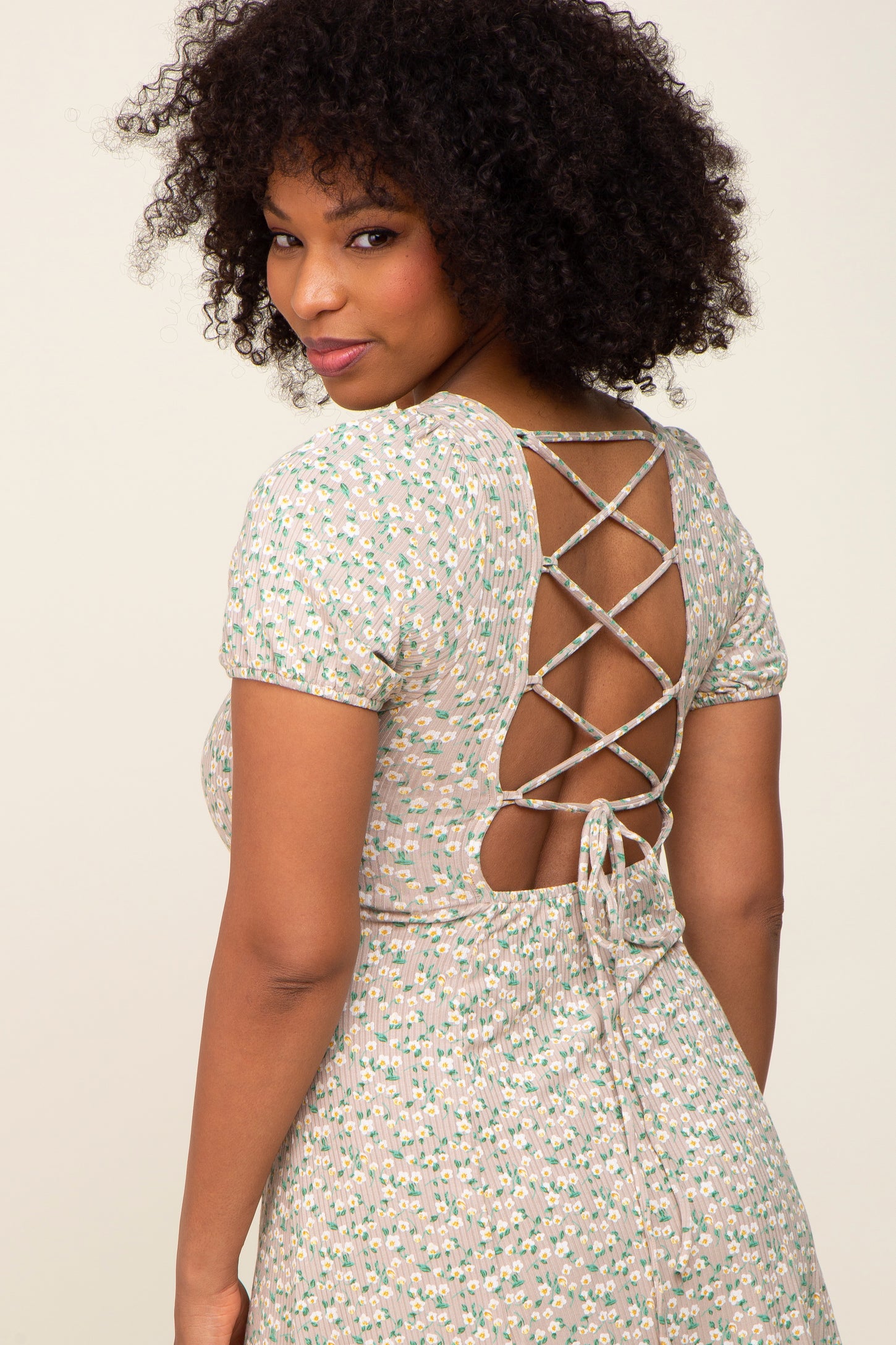 Beige Floral Criss Cross Back A-Line Dress Beige Floral Criss Cross Back A-Line Dress