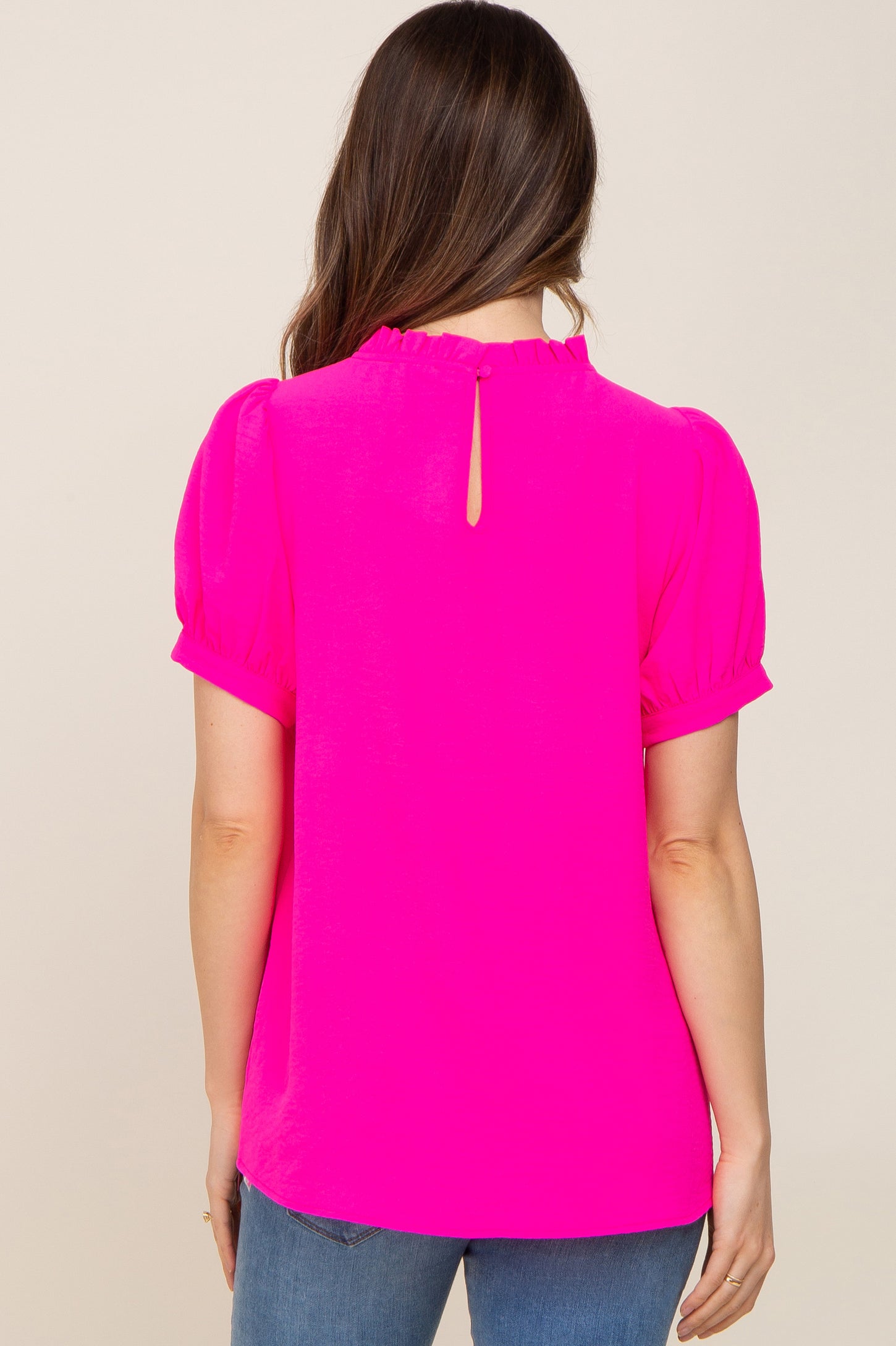 Fuchsia Ruffle Mock Neck Maternity Blouse Top PinkBlush