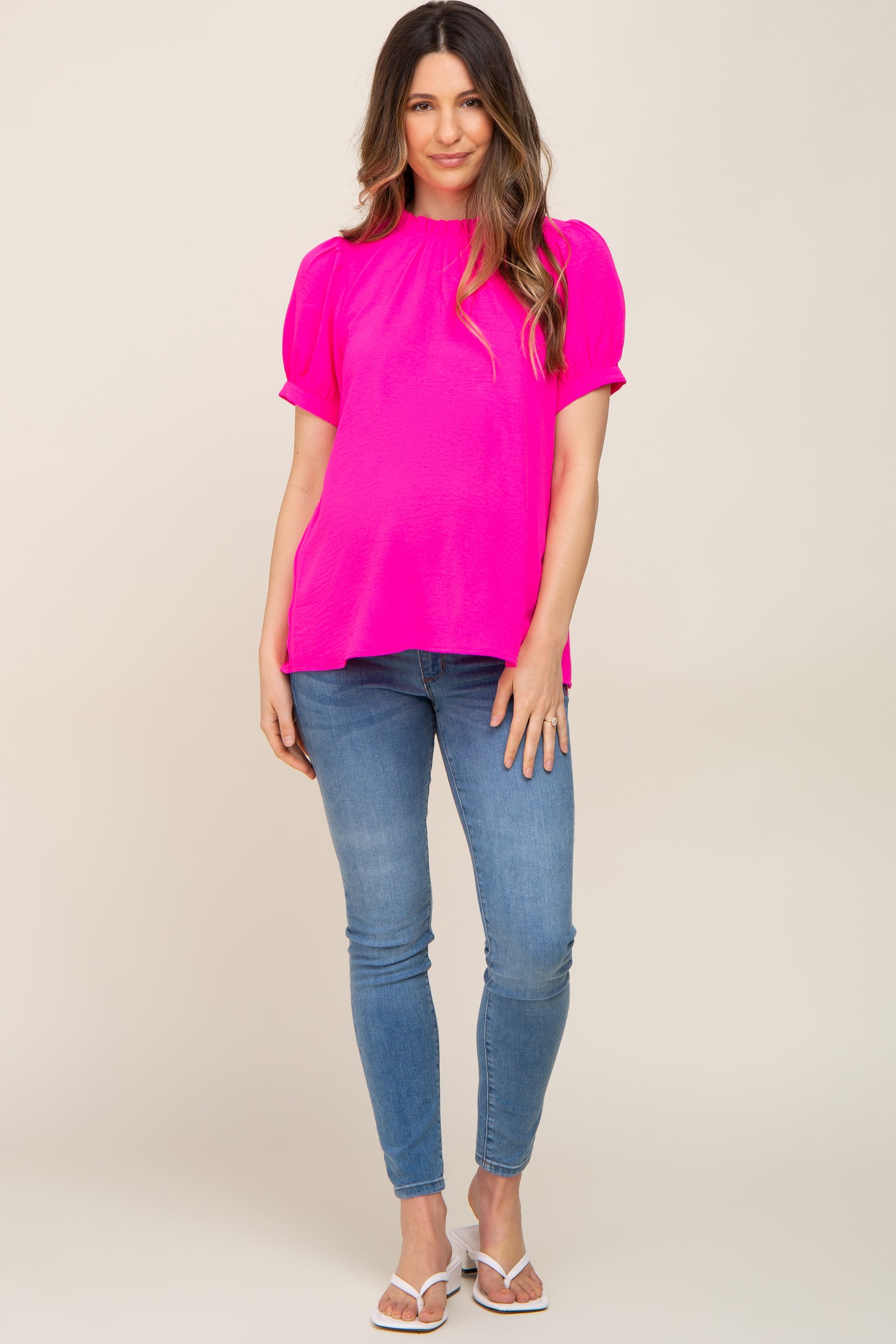 Fuchsia Ruffle Mock Neck Maternity Blouse Top PinkBlush