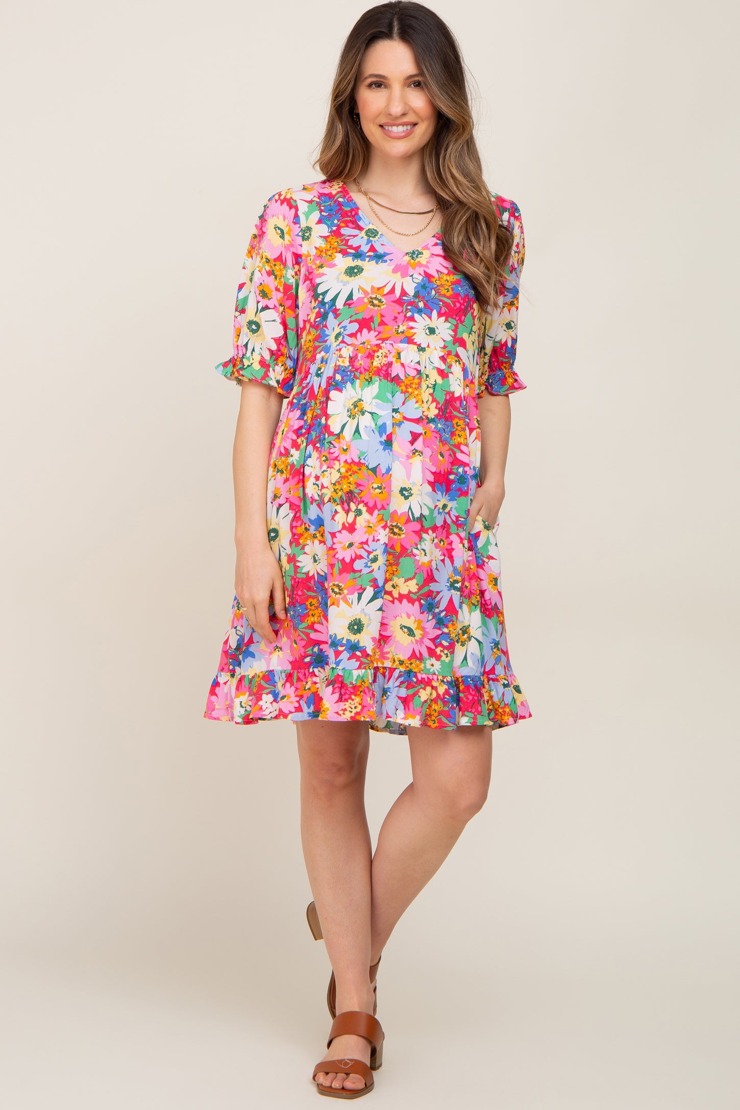 Fuchsia Floral V-Neck Puff Sleeve Maternity Dress