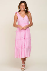 Pink Linen Button Front Shoulder Tie Tiered Maternity Midi Dress