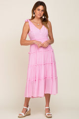 Pink Linen Button Front Shoulder Tie Tiered Midi Dress
