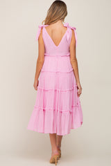 Pink Linen Button Front Shoulder Tie Tiered Maternity Midi Dress