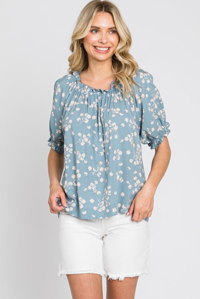 Blue Floral Ruffle Accent Top