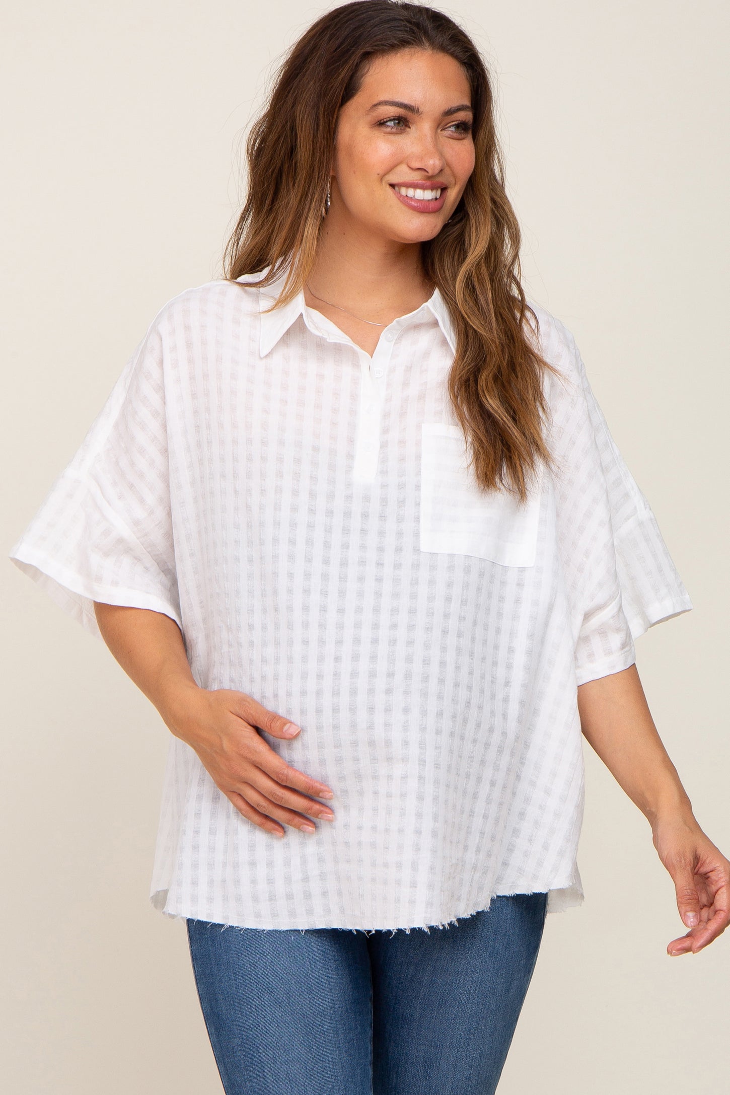 White Striped Collared Maternity Top
