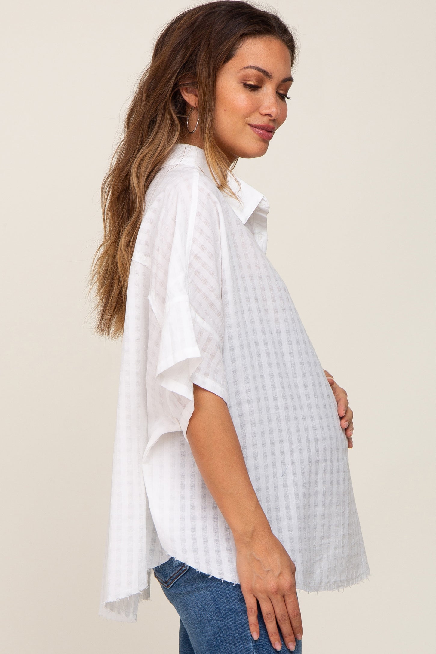 White Striped Collared Maternity Top