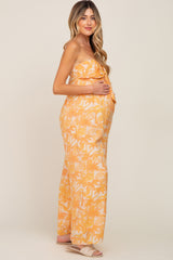 Orange Leaf Print Strapless Front Tie Maternity Jumpsuit