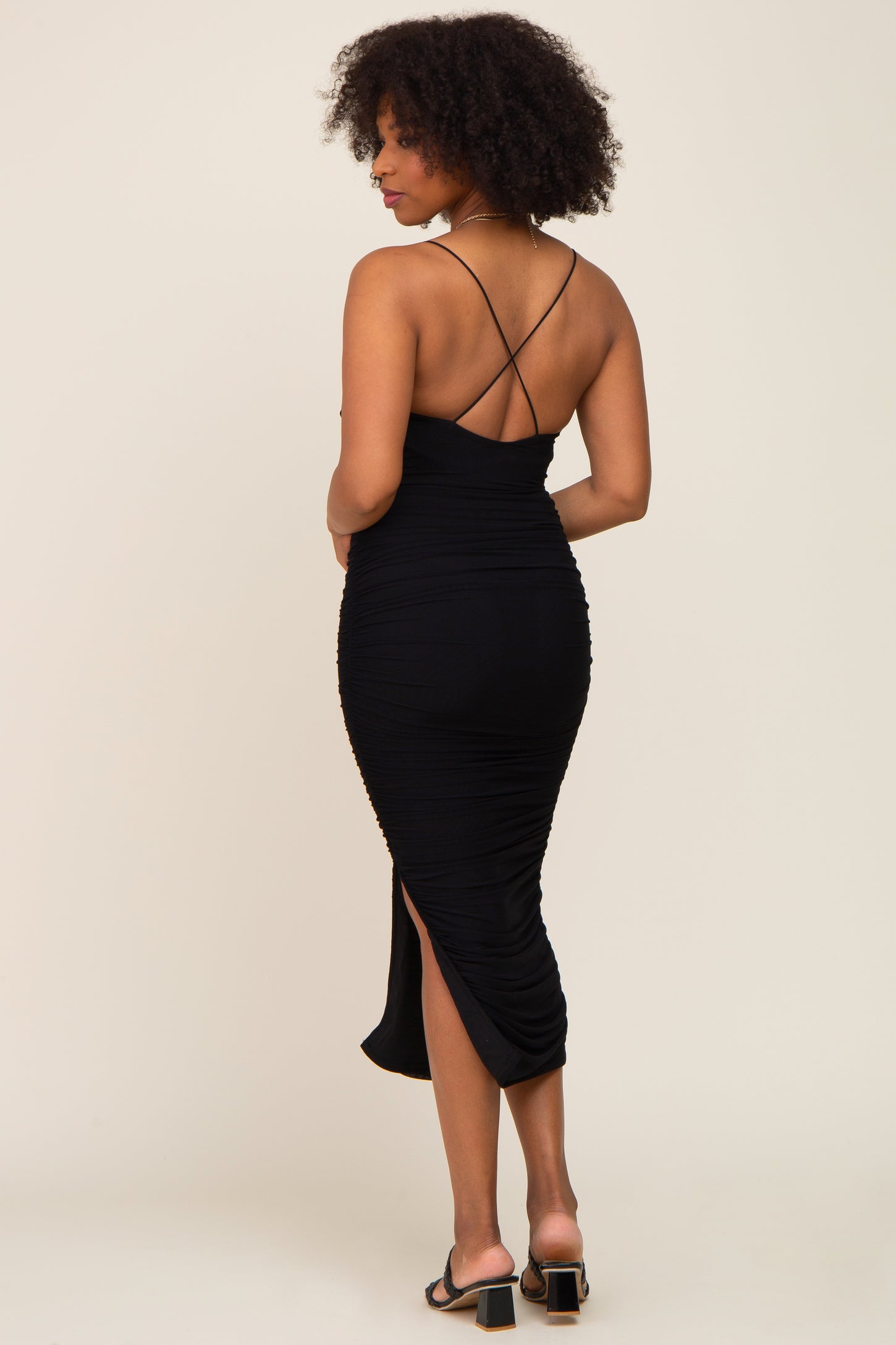 Black Mesh Ruched Cross Back Side Slit Maternity Midi Dress Small - Pinkblush - Casual Chic Boutique Black Mesh Ruched Cross Back Side Slit Maternity Midi Dress Small - Pinkblush - Casual Chic Boutique
