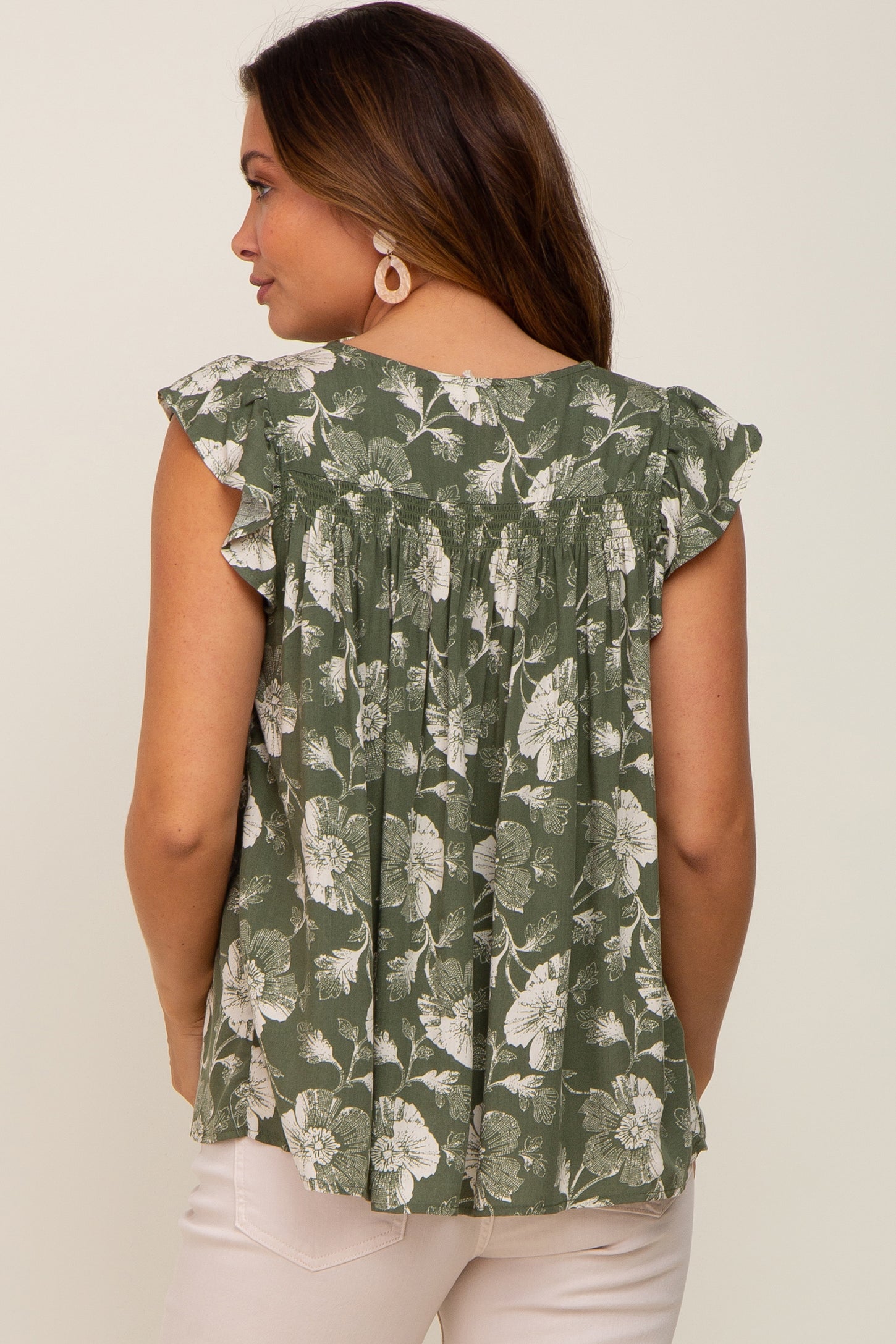Green Floral Flutter Sleeve Front Tie Maternity Top