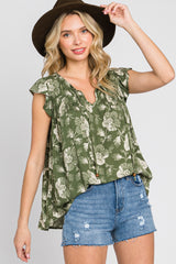 Green Floral Flutter Sleeve Front Tie Maternity Top