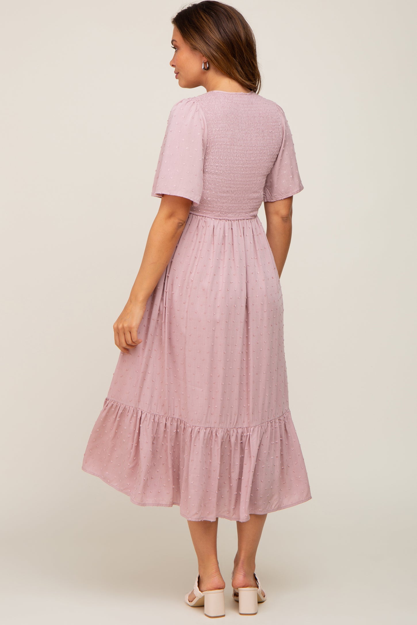 Mauve Textured Dot Smocked Short Sleeve Maternity Midi Dress