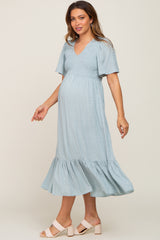 Light Blue Textured Dot Smocked Short Sleeve Maternity Midi Dress