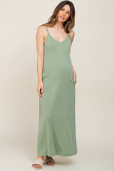 Light Olive Sleeveless V-Neck Maternity Maxi Dress