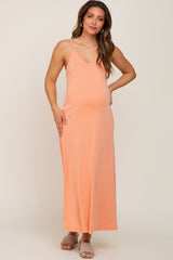 Peach Sleeveless V-Neck Maternity Maxi Dress