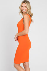 Orange Sleeveless Ribbed Knit Fitted Dress