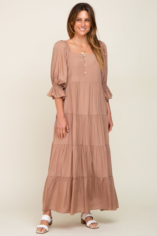 Mocha Square Neck Button Front 3/4 Bell Sleeve Maxi Dress PinkBlush Mocha Square Neck Button Front 3/4 Bell Sleeve Maxi Dress PinkBlush