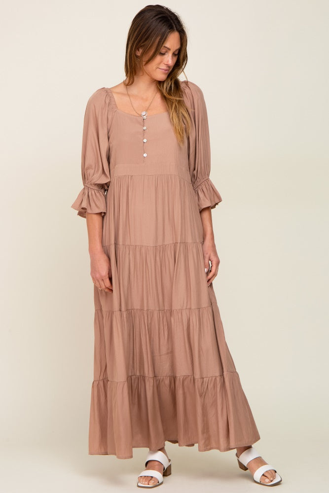 Mocha Square Neck Button Front 3/4 Bell Sleeve Maxi Dress PinkBlush Mocha Square Neck Button Front 3/4 Bell Sleeve Maxi Dress PinkBlush