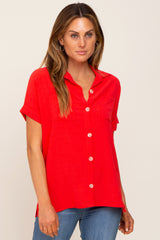 Red Collared Button-Down Short Sleeve Blouse
