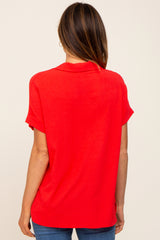 Red Collared Button-Down Short Sleeve Blouse