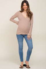 Taupe Ribbed Long Sleeve Wrap Maternity Nursing Top