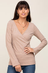 Taupe Ribbed Long Sleeve Wrap Maternity Nursing Top