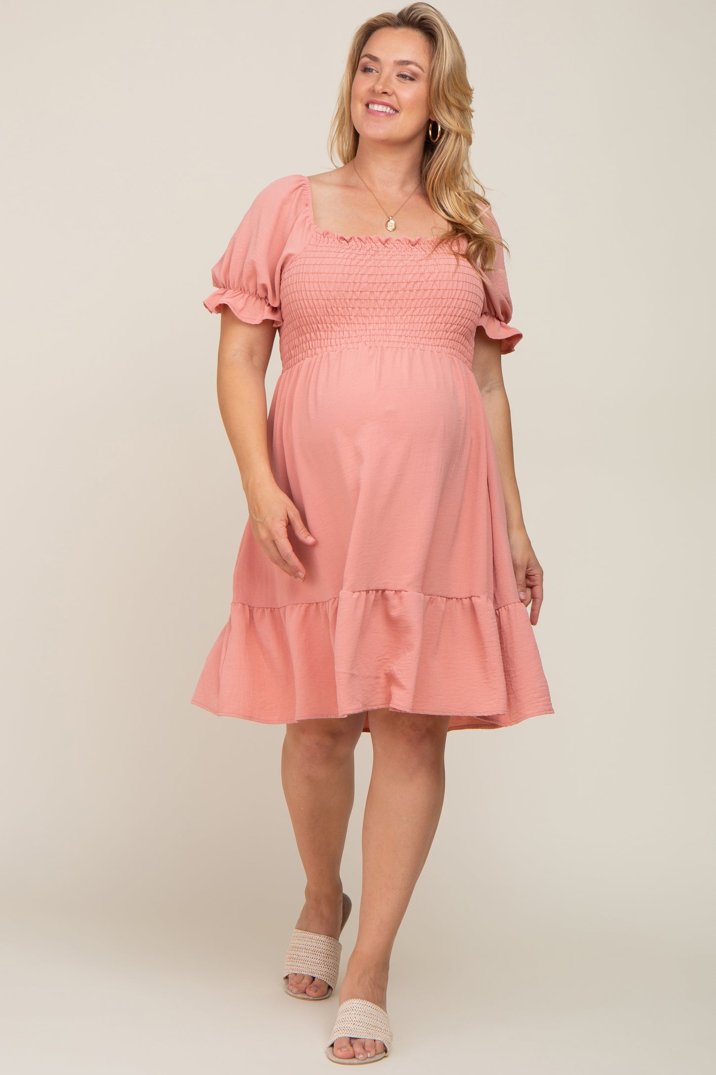 Coral Smocked Ruffle Trim Plus Maternity Dress PinkBlush Coral Smocked Ruffle Trim Plus Maternity Dress PinkBlush