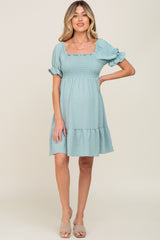 Mint Smocked Ruffle Trim Maternity Dress
