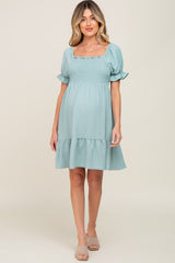 Mint Smocked Ruffle Trim Maternity Dress