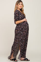 Black Floral V-Neck Maternity Maxi Dress