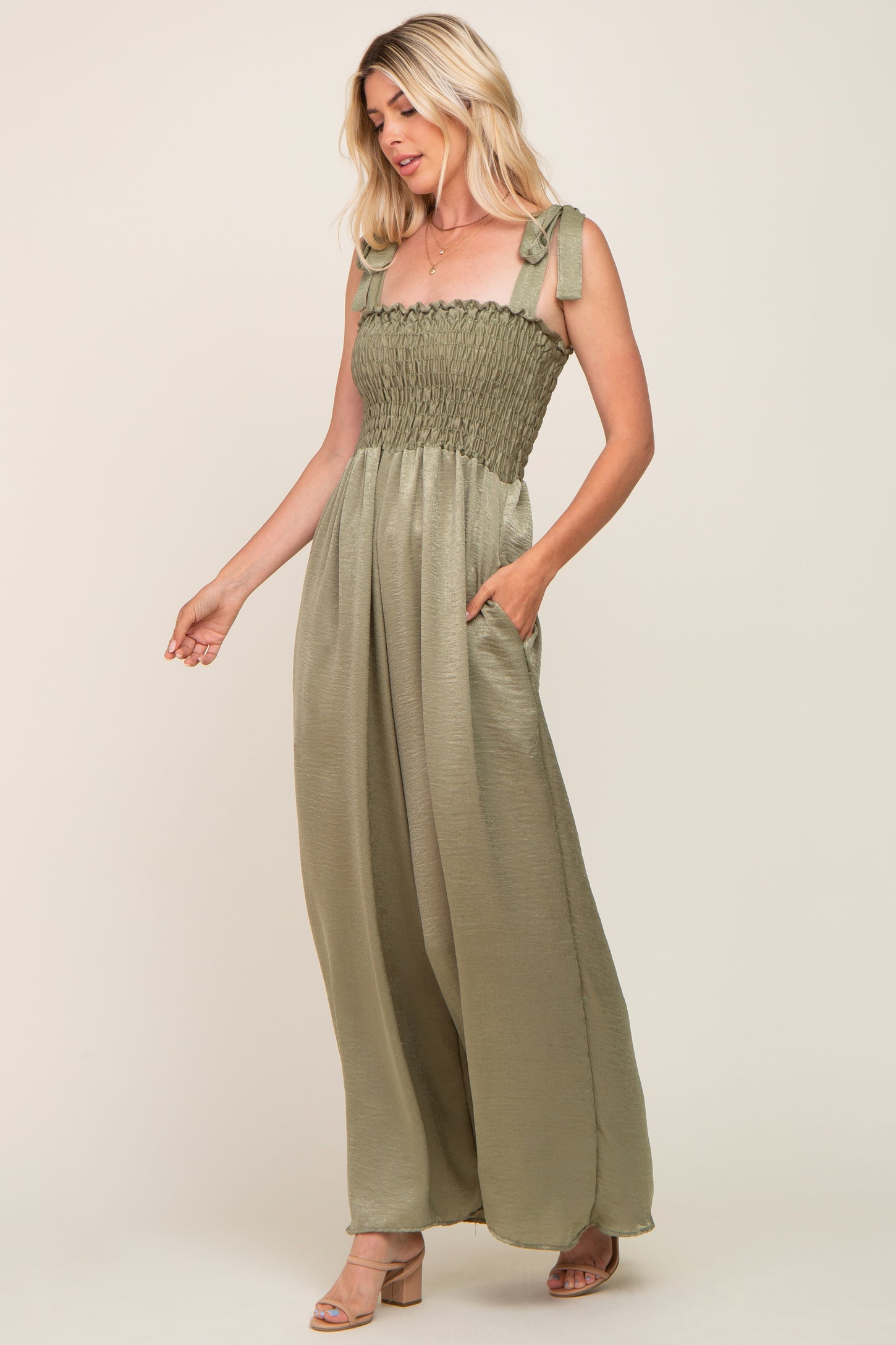 Olive Satin Smocked Square Neck Shoulder Tie Jumpsuit