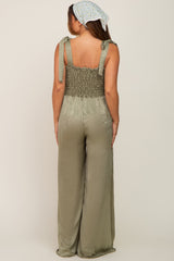 Olive Satin Smocked Square Neck Shoulder Tie Maternity Jumpsuit