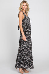 Black Floral Ruffle Trim Maxi Dress