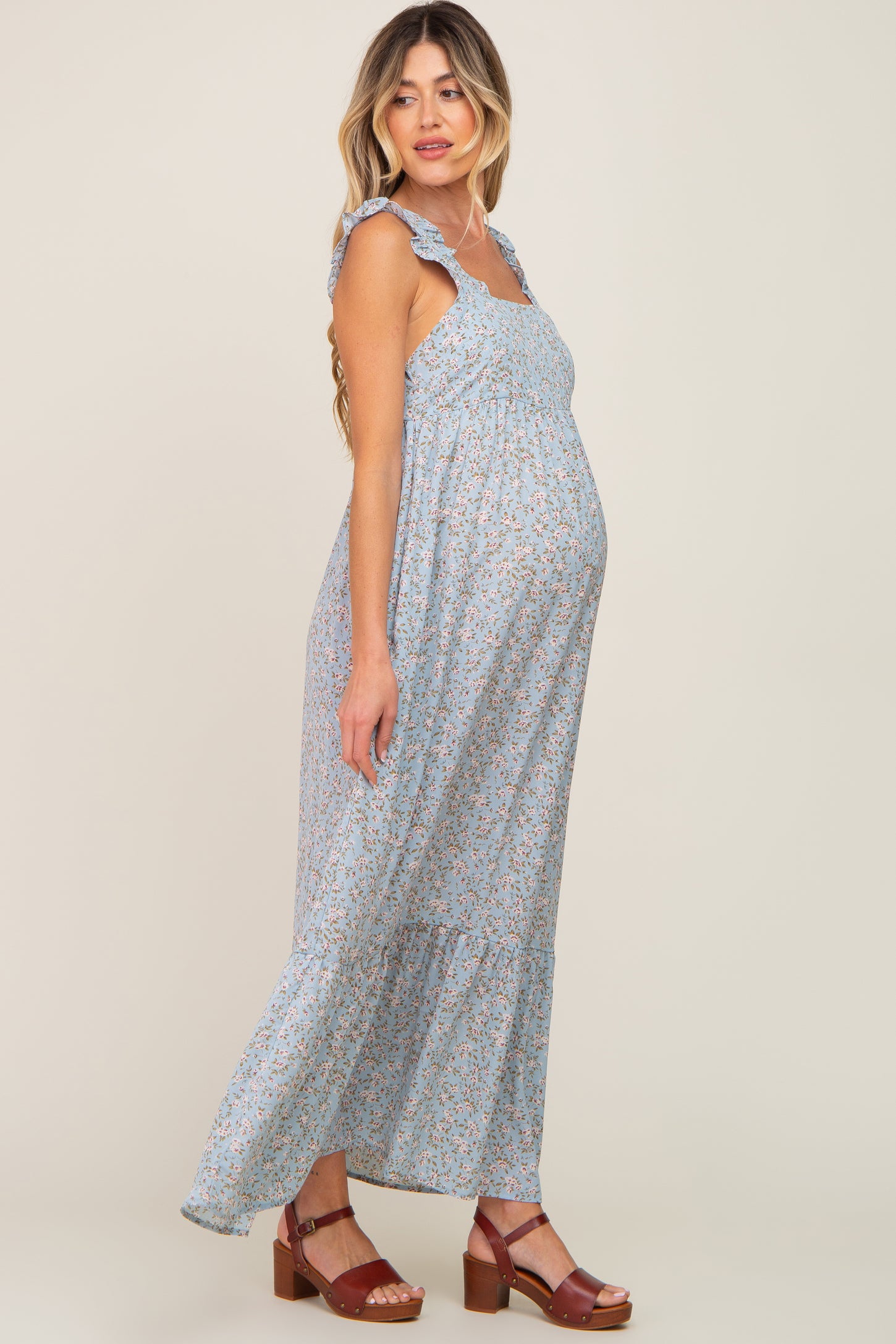Light Blue Floral Ruffle Trim Maternity Maxi Dress– PinkBlush