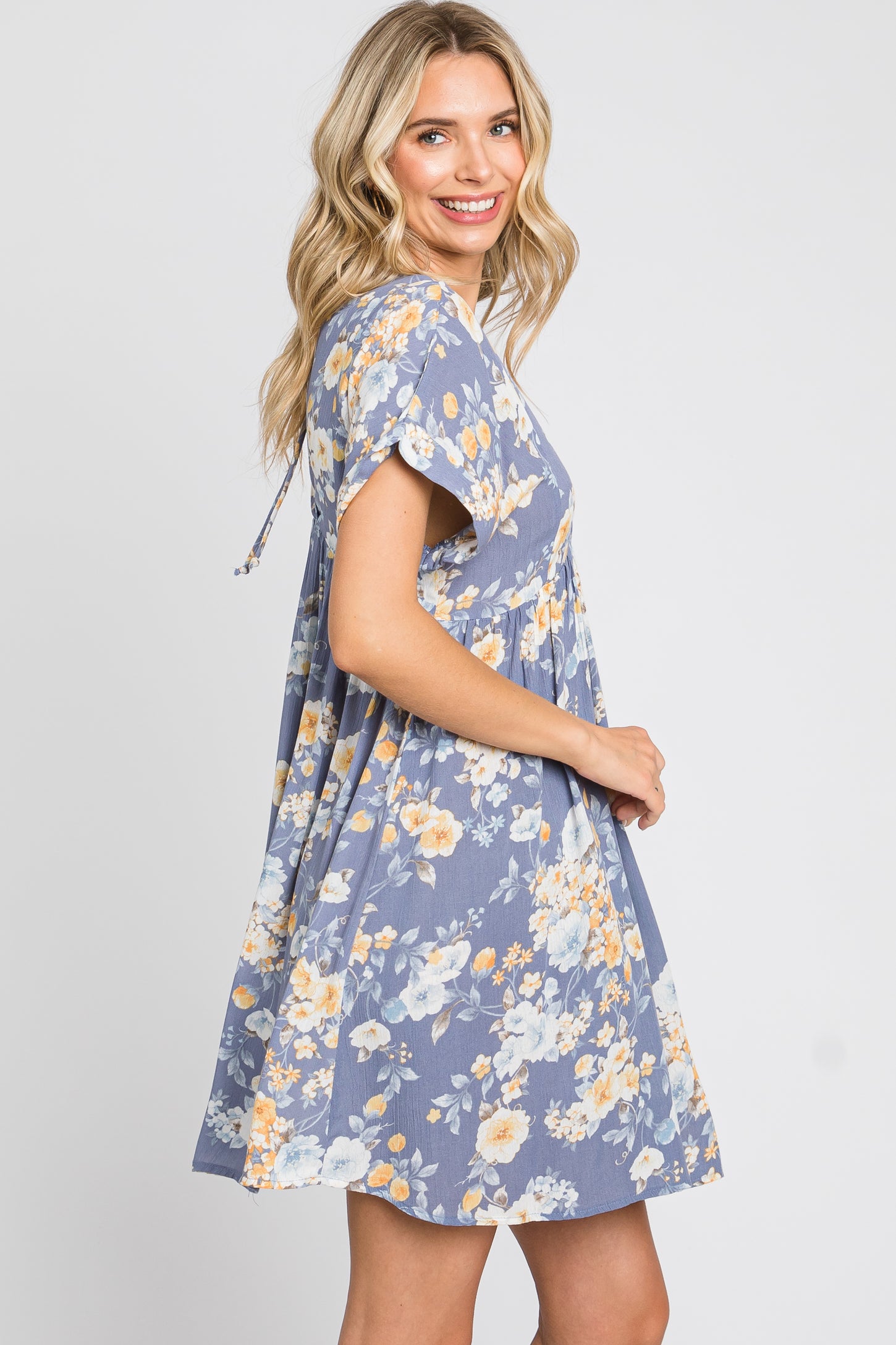 Blue Floral V-Neck Short Sleeve Dress – PinkBlush