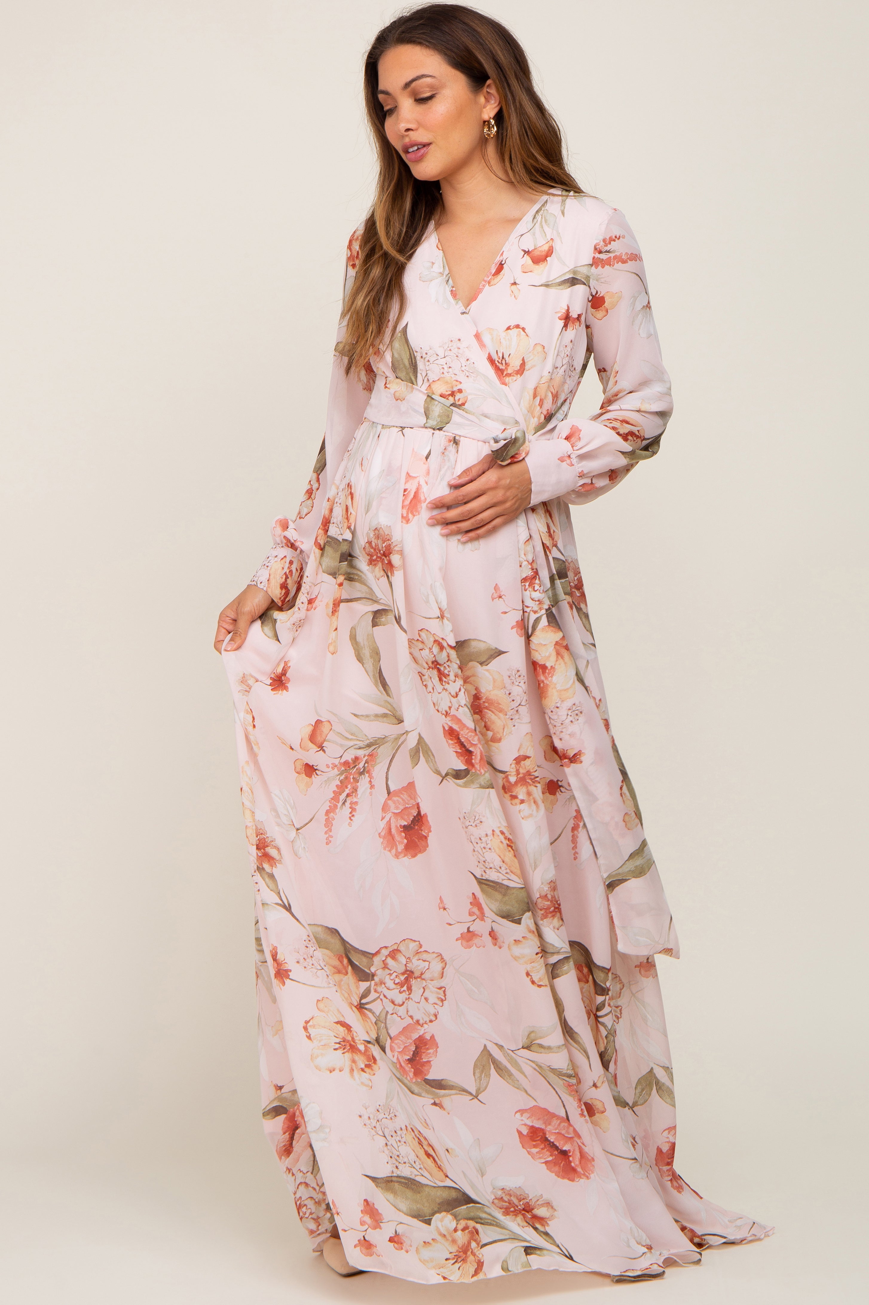 Pink floral maxi dress with sleeves Clearance