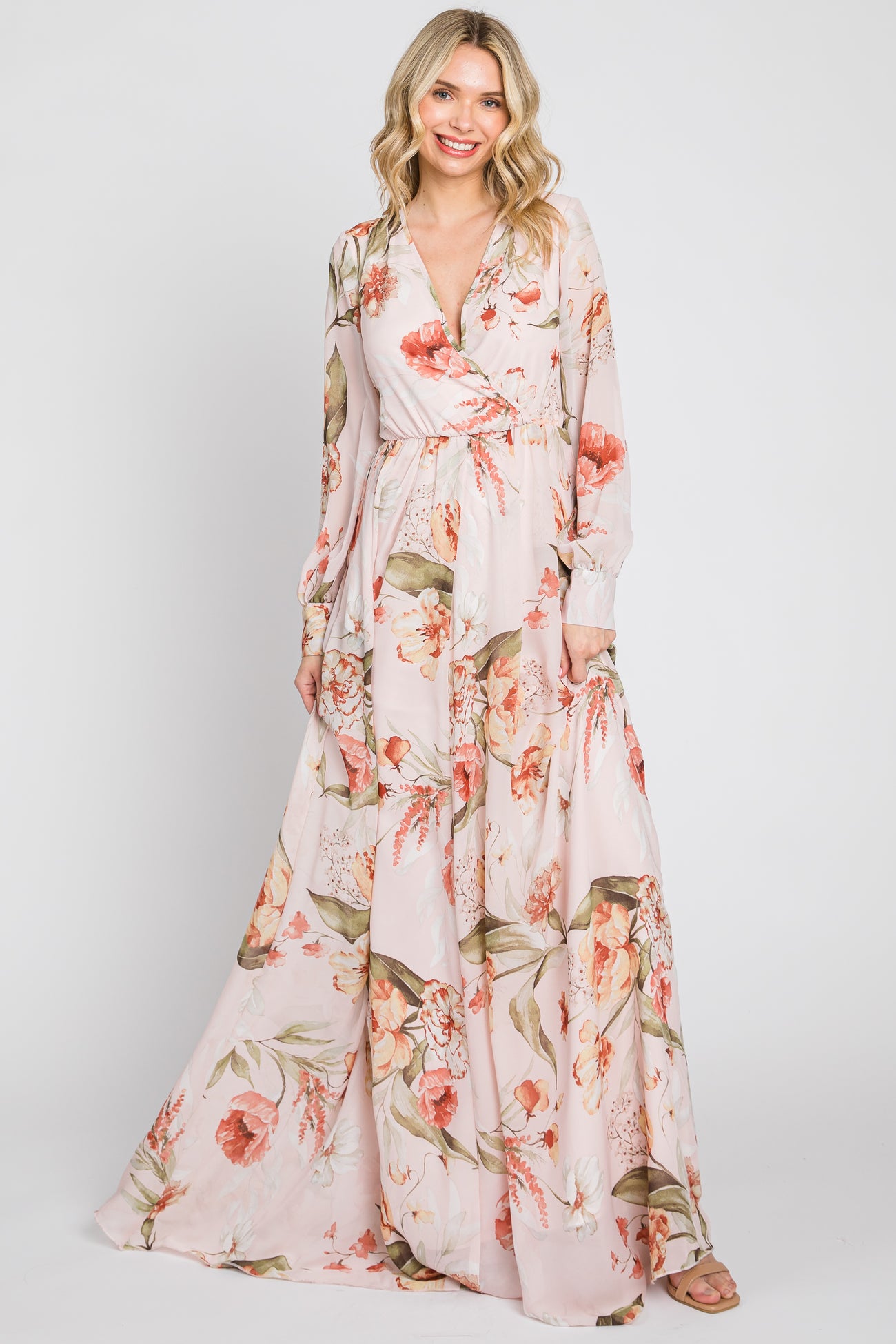 Light Pink Floral Chiffon Long Sleeve Maxi Dress Small