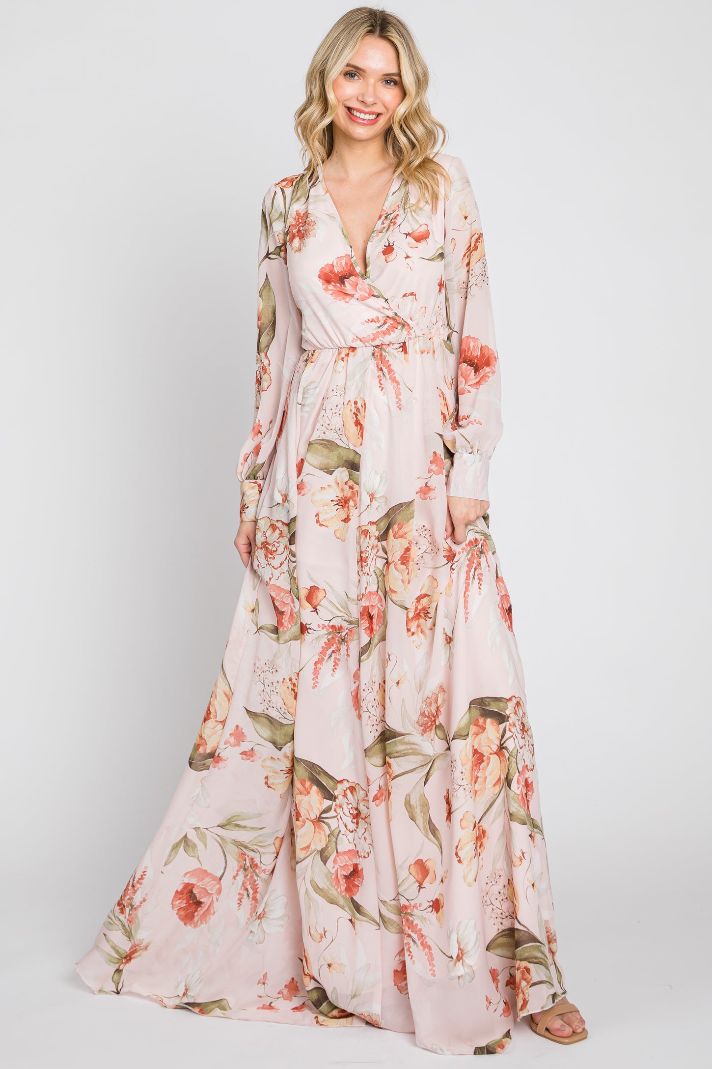 Light Pink Floral Chiffon Long Sleeve Maxi Dress Light Pink Floral Chiffon Long Sleeve Maxi Dress